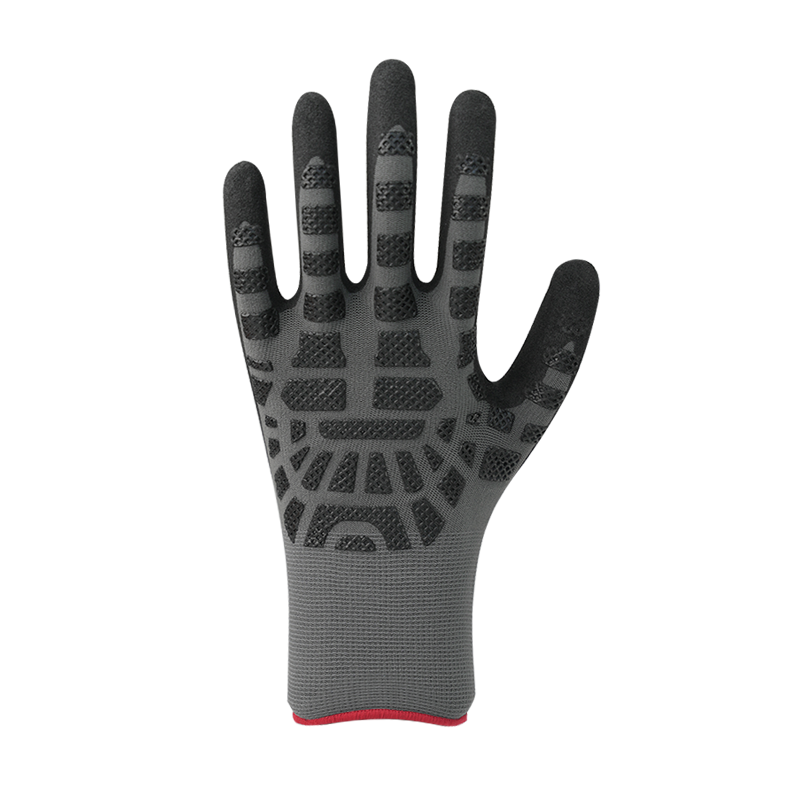 15G nylon/spandex liner with sandy nitrile coating, nitrile padding on back