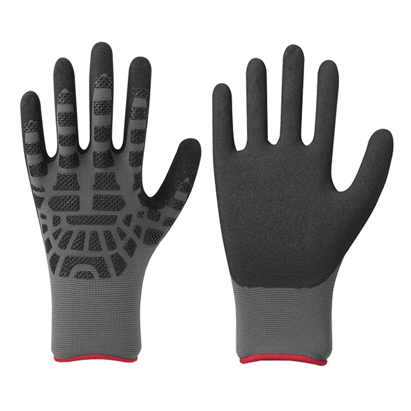 15G nylon/spandex liner with sandy nitrile coating, nitrile padding on back